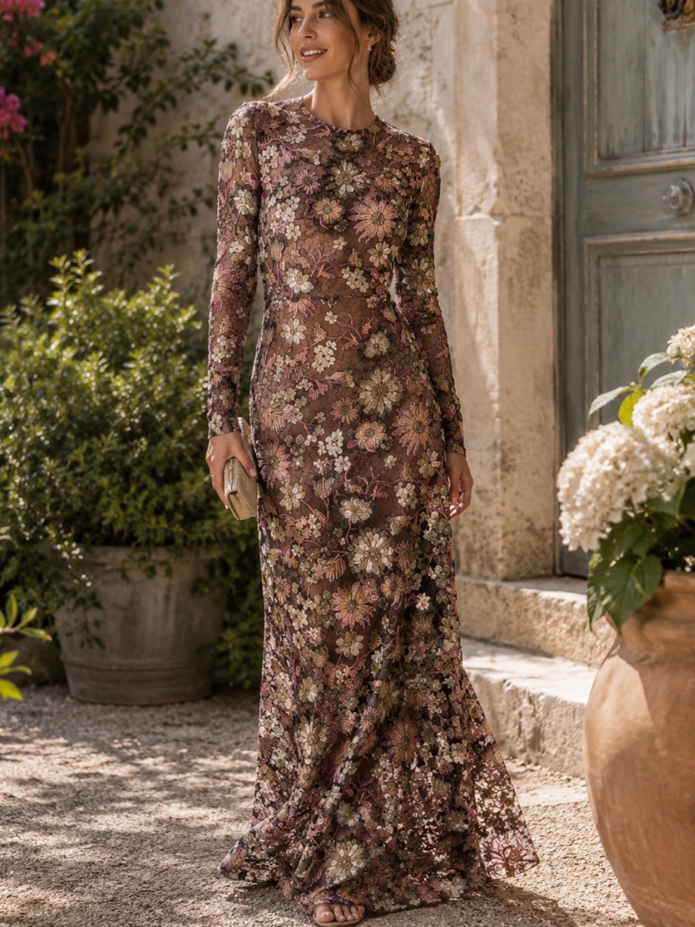 SAU LEE Goldie Dress Maxi Gown Long Sleeve Beaded Floral
